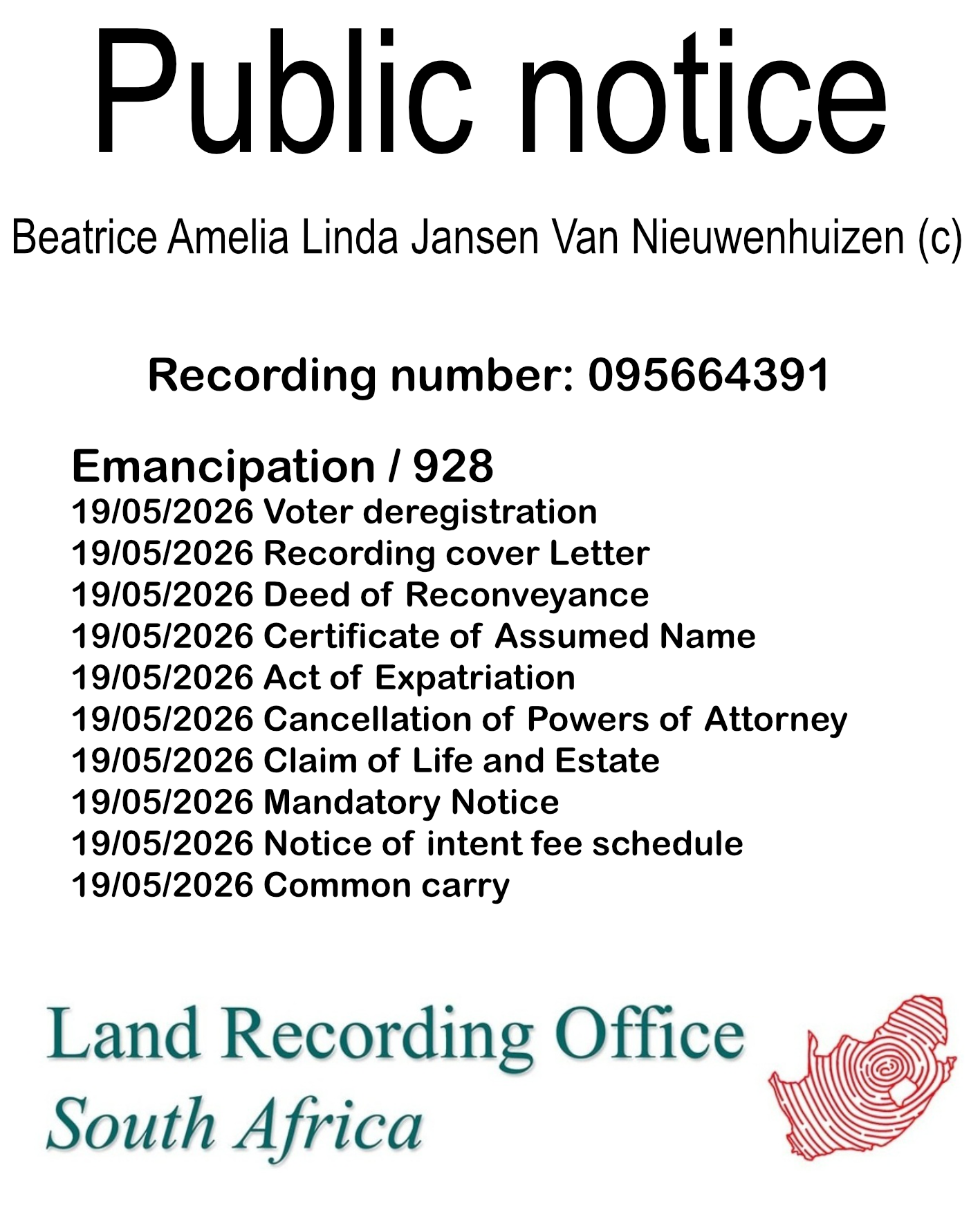 Public notice Beatrice Amelia Linda Jansen Van Nieuwenhuizen (c) Recording number 095664391